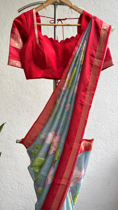 Light blue kota printed saree with red blouse