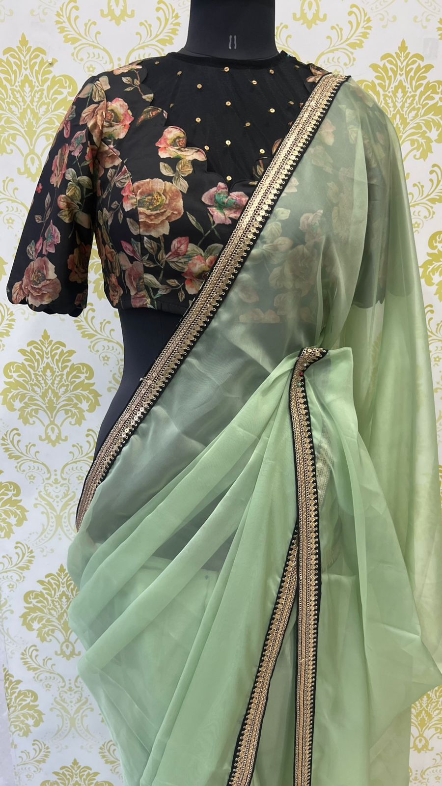 Mint organza saree with floral handwork blouse