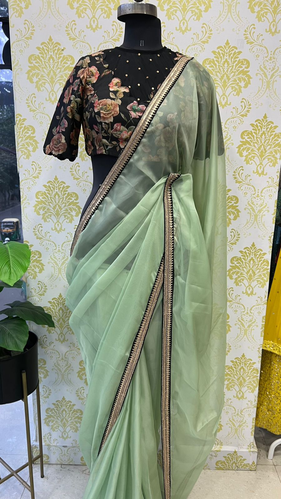 Mint organza saree with floral handwork blouse