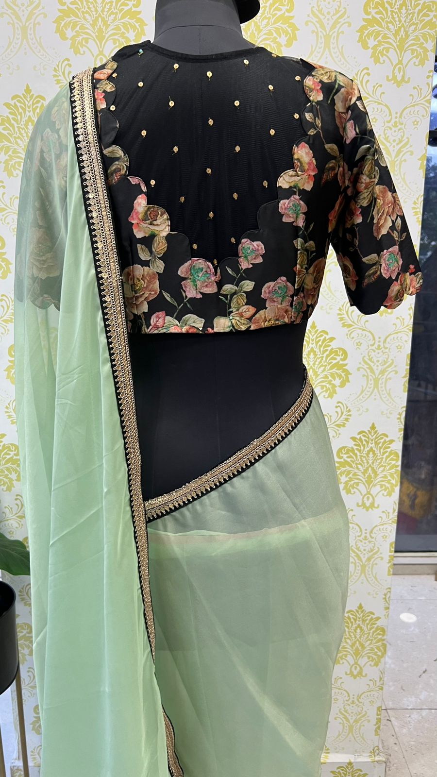 Mint organza saree with floral handwork blouse