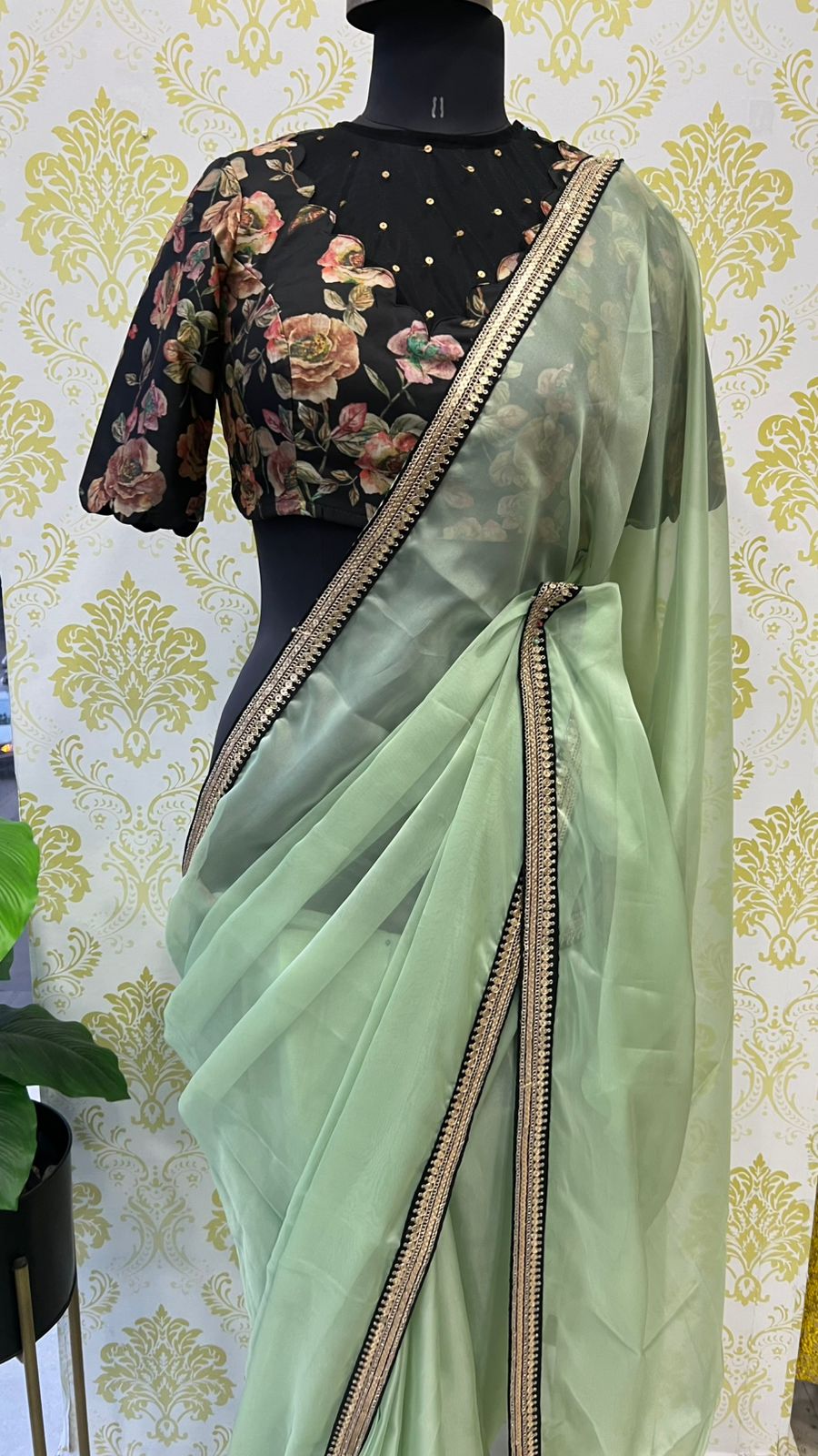 Mint organza saree with floral handwork blouse