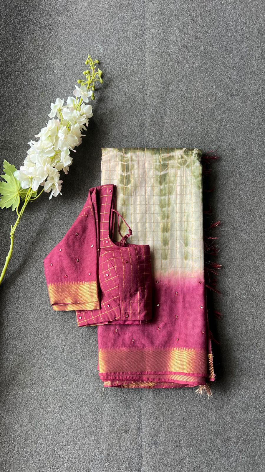 Maroon & cream mirror work chanderi saree & blouse