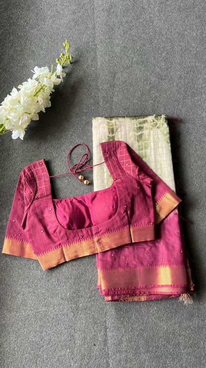 Maroon & cream mirror work chanderi saree & blouse