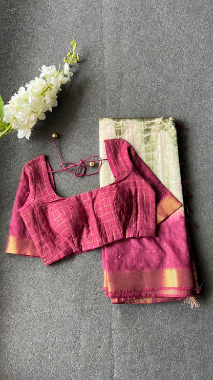 Maroon & cream mirror work chanderi saree & blouse