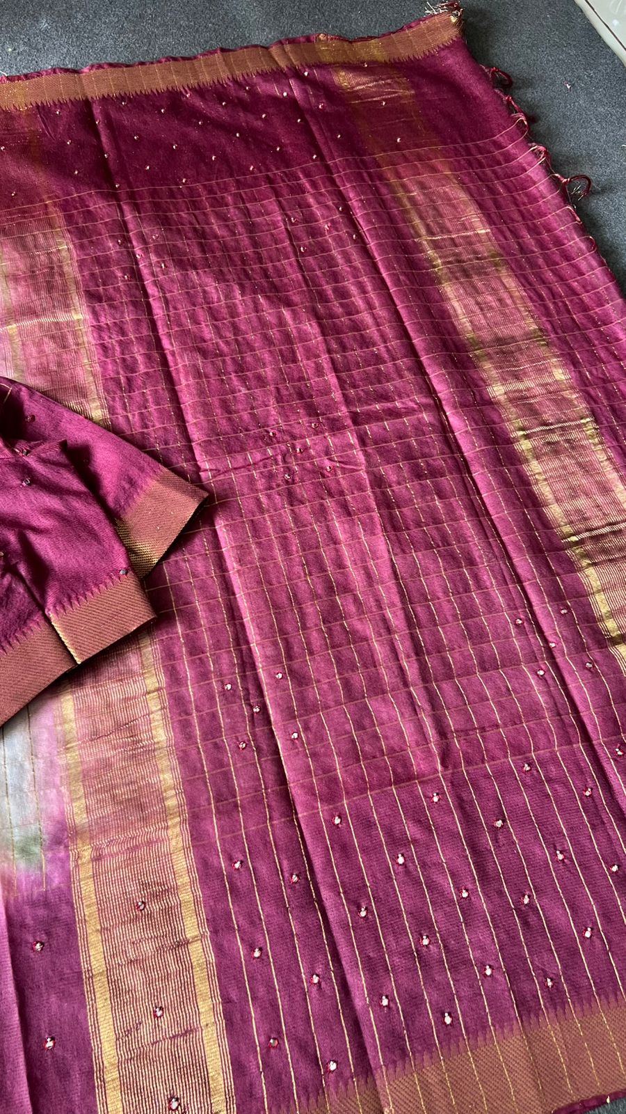 Maroon & cream mirror work chanderi saree & blouse