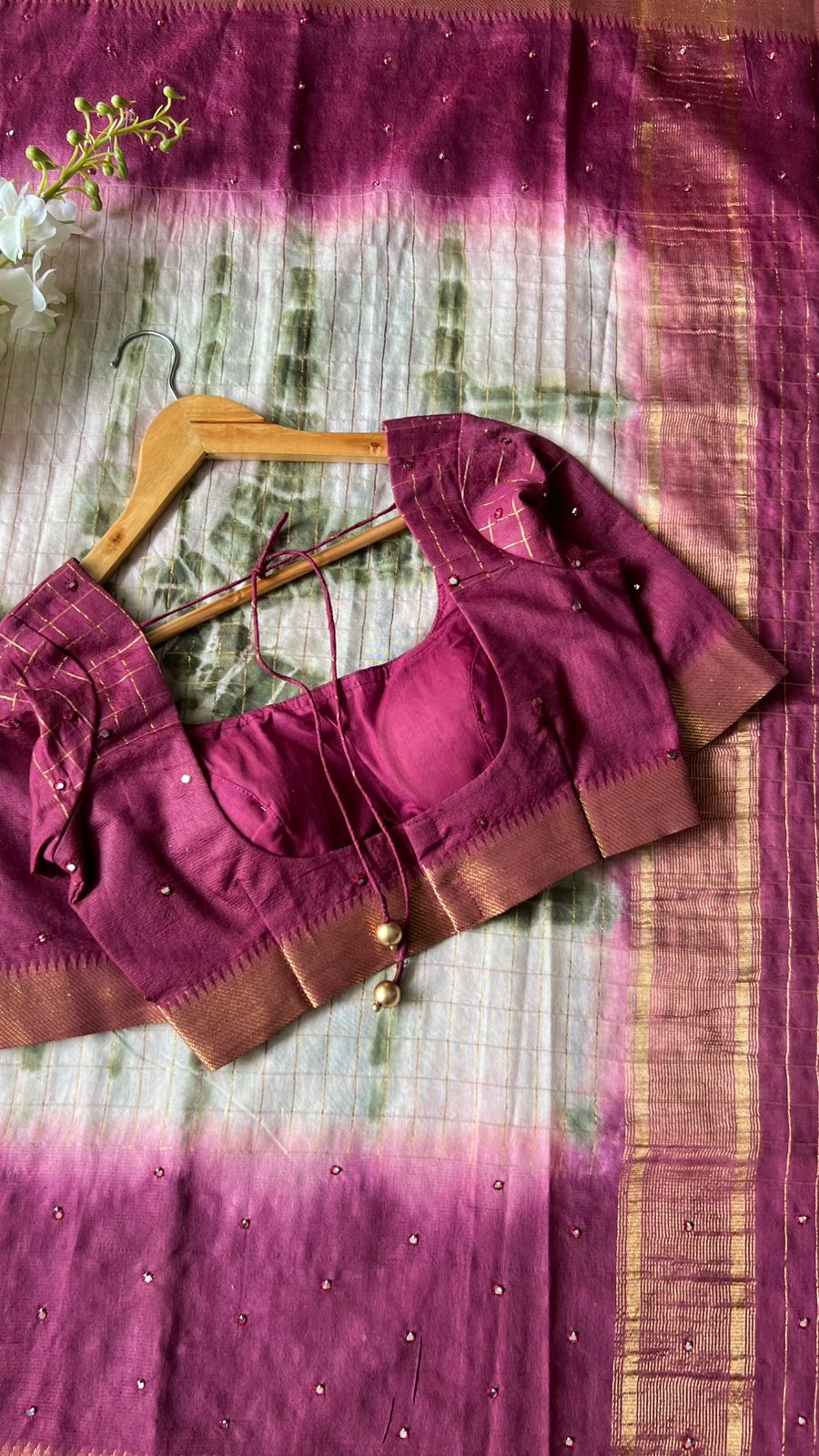 Maroon & cream mirror work chanderi saree & blouse