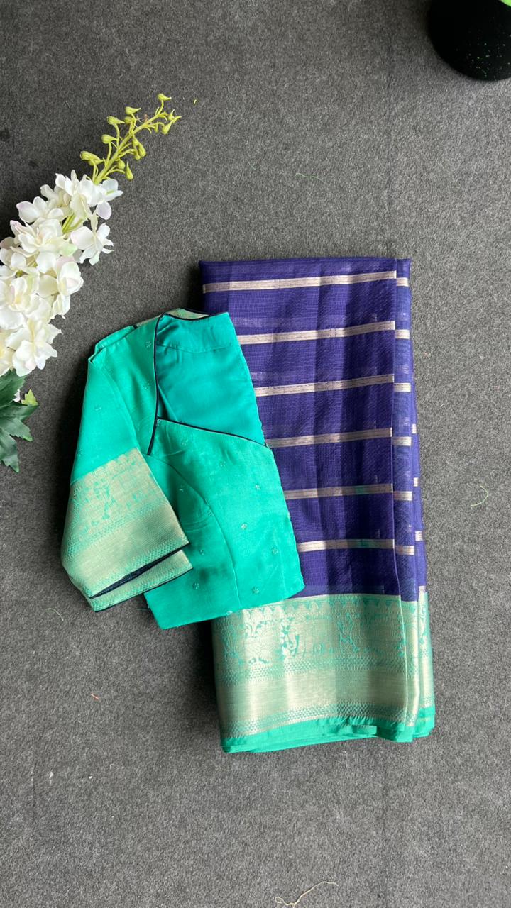 Blue stripped kota saree with cyan blue blouse