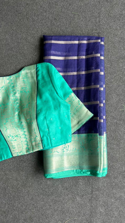 Blue stripped kota saree with cyan blue blouse