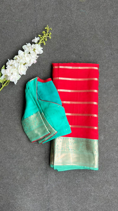 Red stripped kota saree with cyan blue blouse