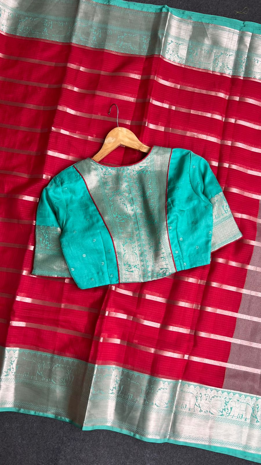 Red stripped kota saree with cyan blue blouse