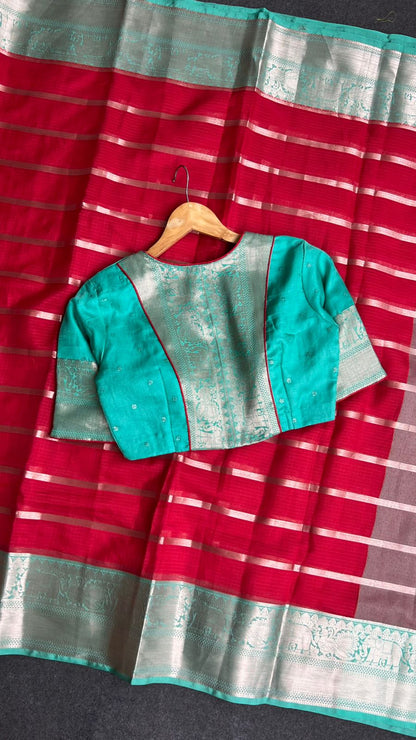 Red stripped kota saree with cyan blue blouse