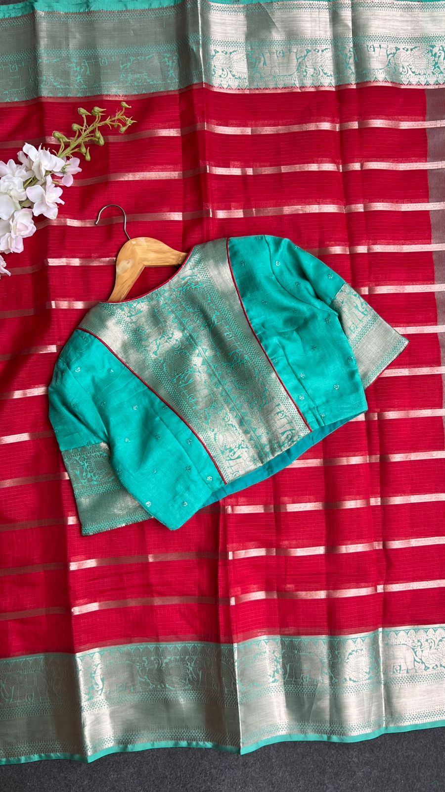 Red stripped kota saree with cyan blue blouse