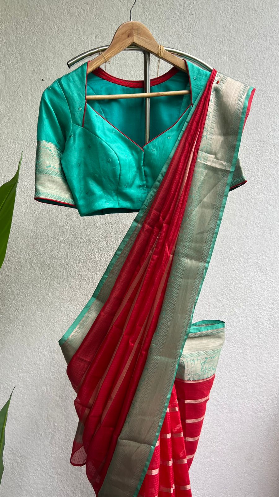 Red stripped kota saree with cyan blue blouse