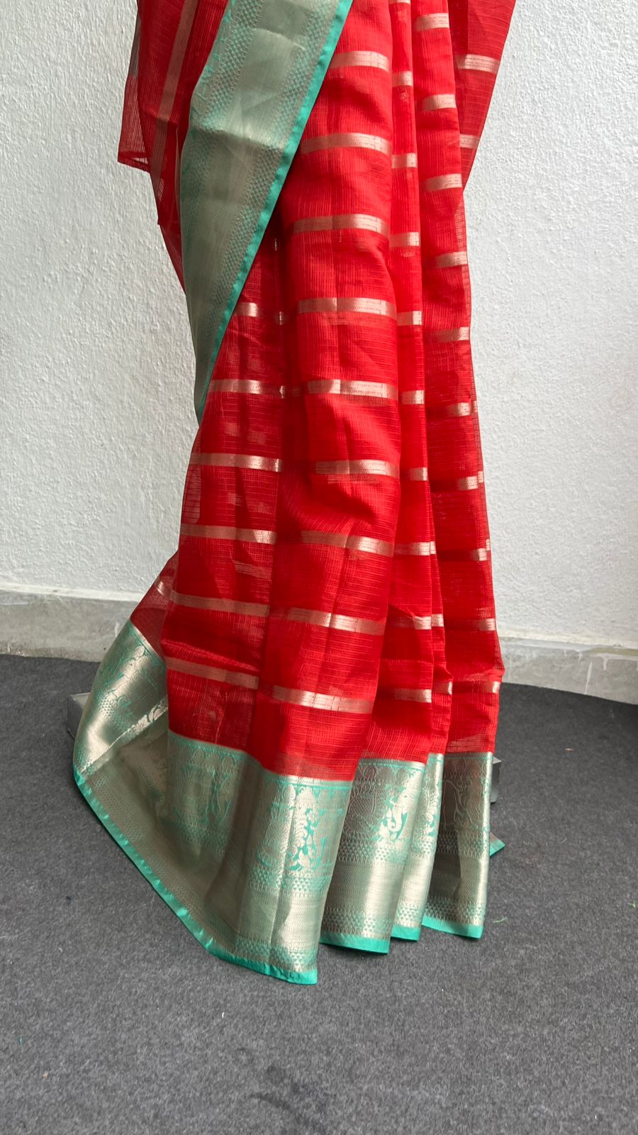 Red stripped kota saree with cyan blue blouse