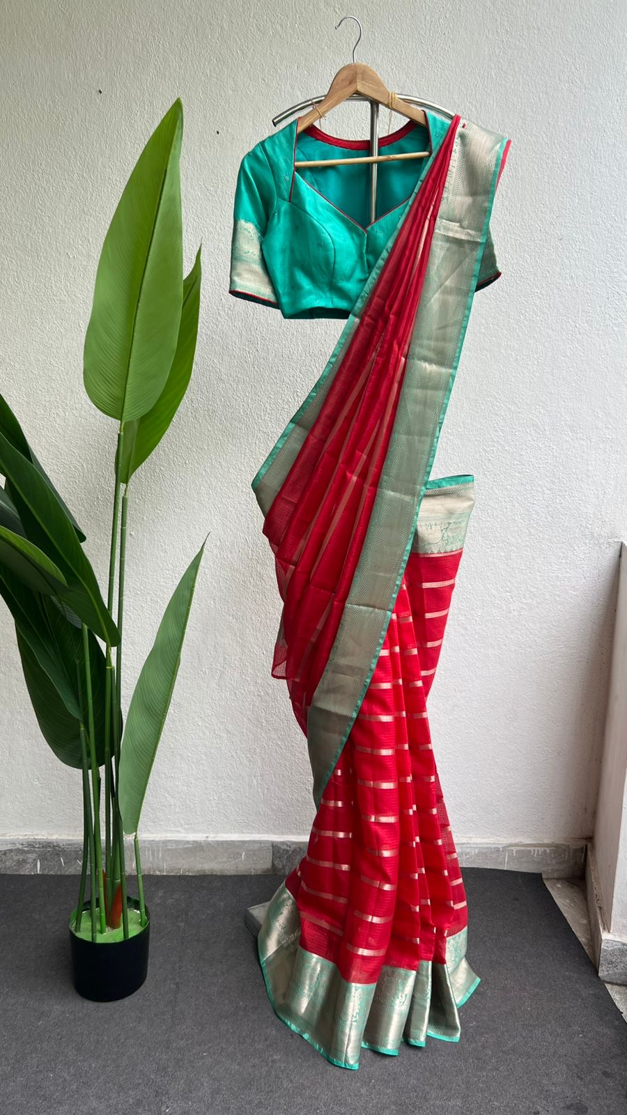 Red stripped kota saree with cyan blue blouse