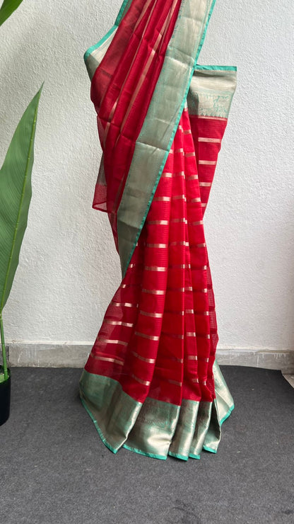 Red stripped kota saree with cyan blue blouse