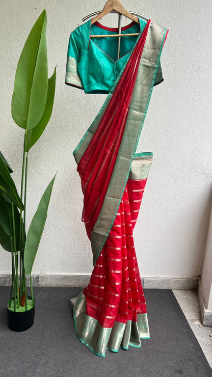 Red stripped kota saree with cyan blue blouse