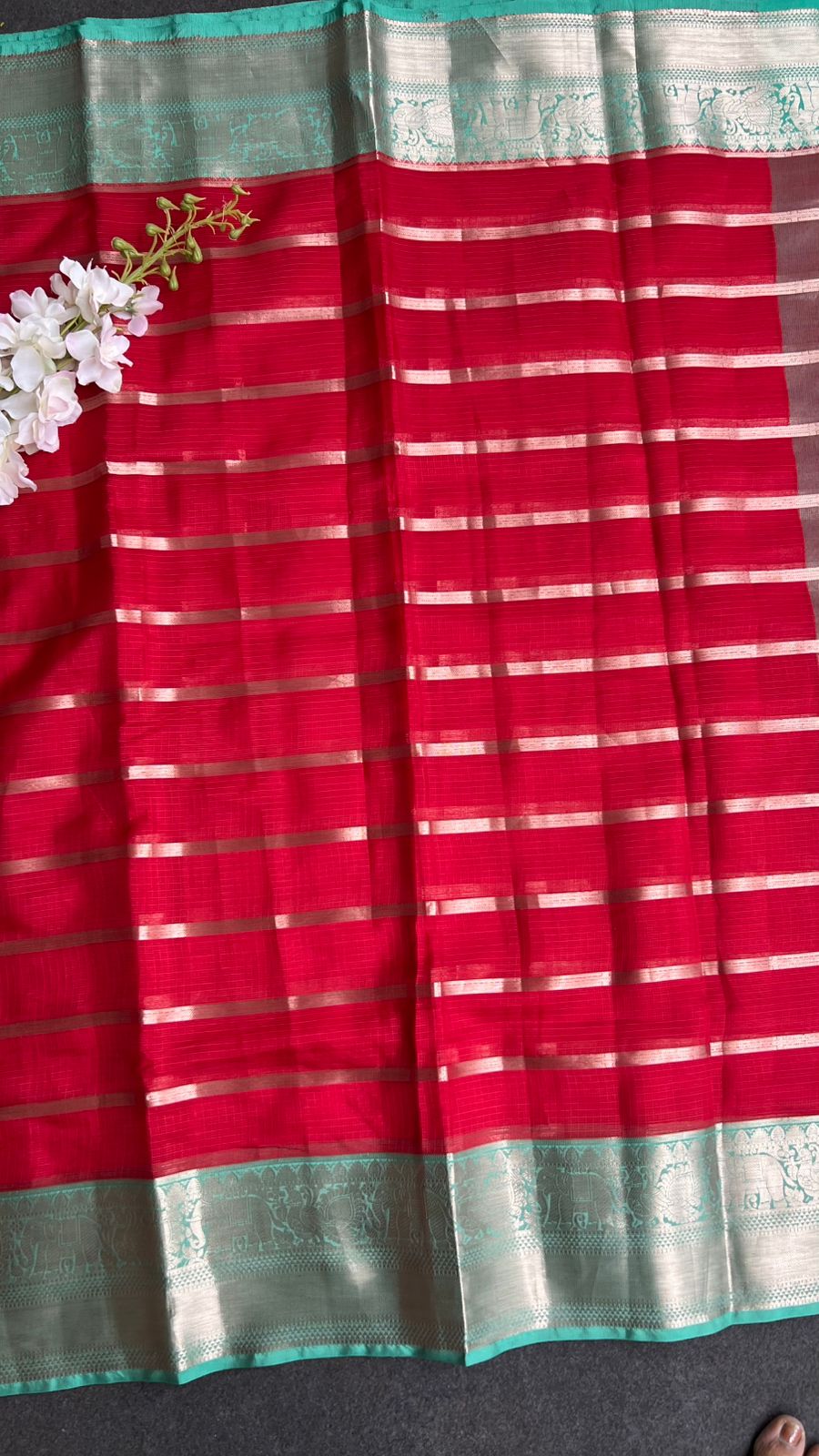 Red stripped kota saree with cyan blue blouse