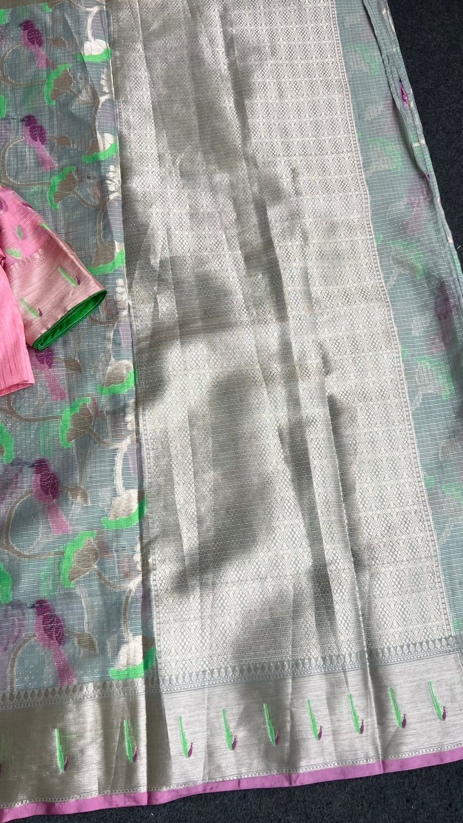 Grey kota saree with baby pink blue blouse