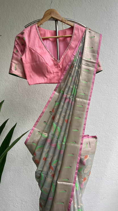 Grey kota saree with baby pink blue blouse