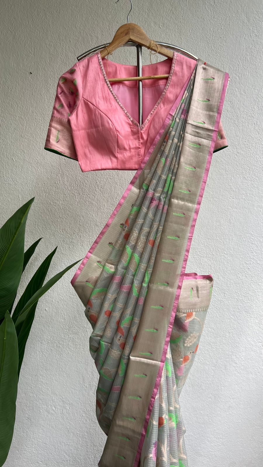 Grey kota saree with baby pink blue blouse