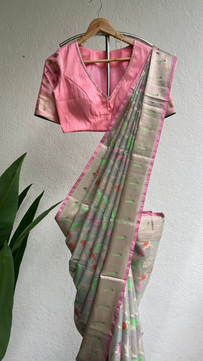 Grey kota saree with baby pink blue blouse