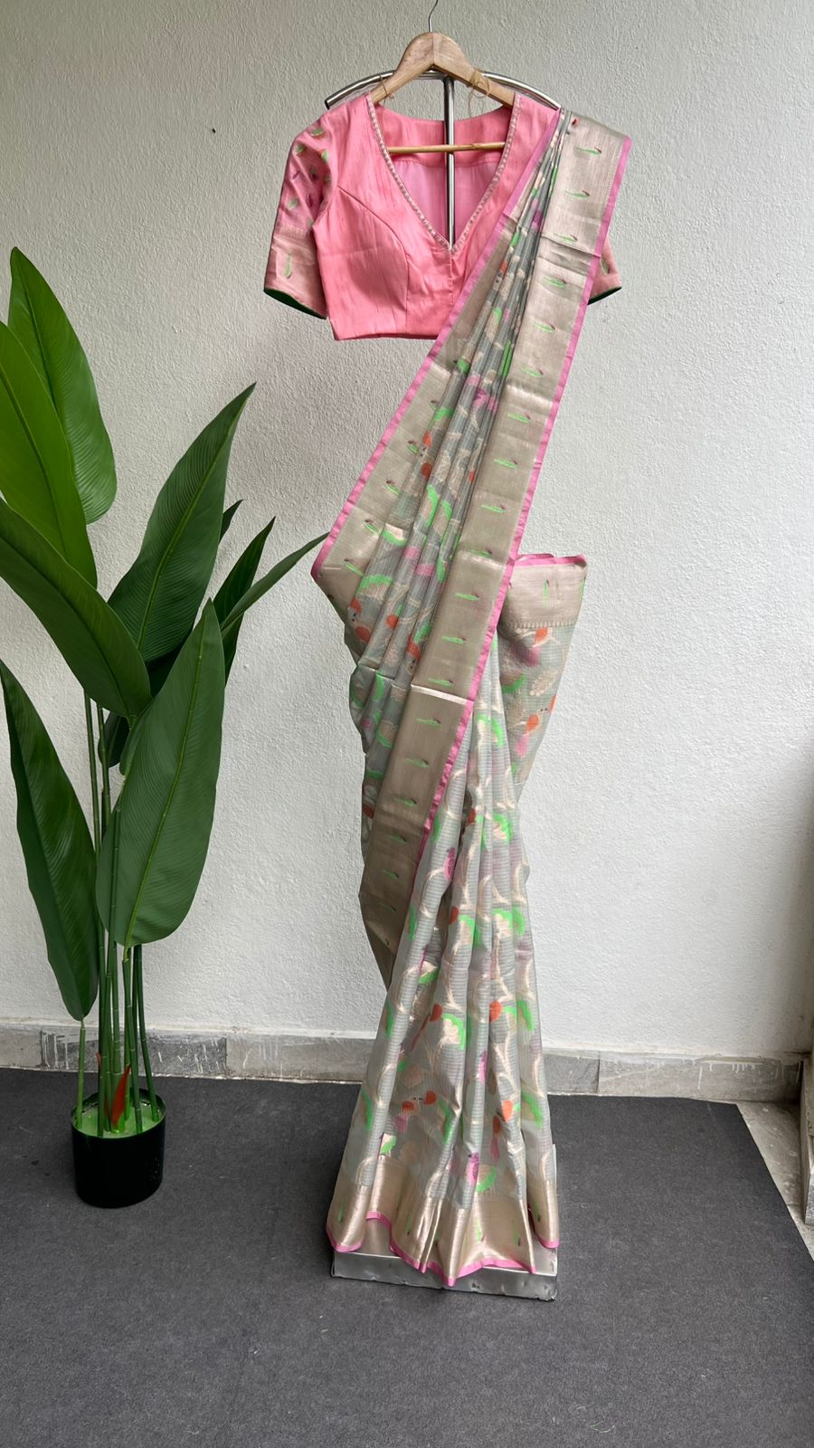 Grey kota saree with baby pink blue blouse