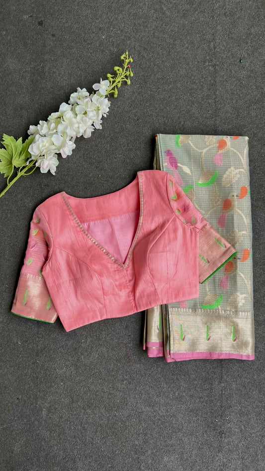 Grey kota saree with baby pink blue blouse