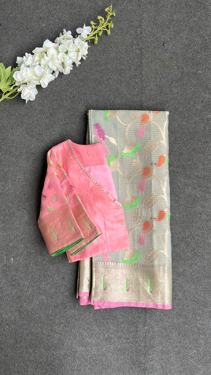 Grey kota saree with baby pink blue blouse