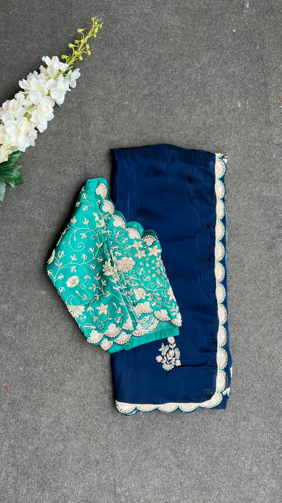 Hand made midnight blue saree with blue blouse