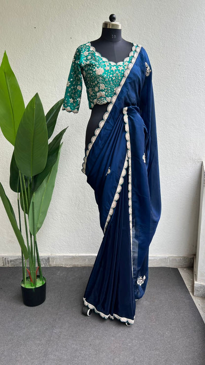 Hand made midnight blue saree with blue blouse