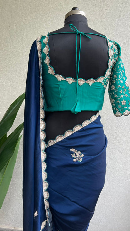 Hand made midnight blue saree with blue blouse