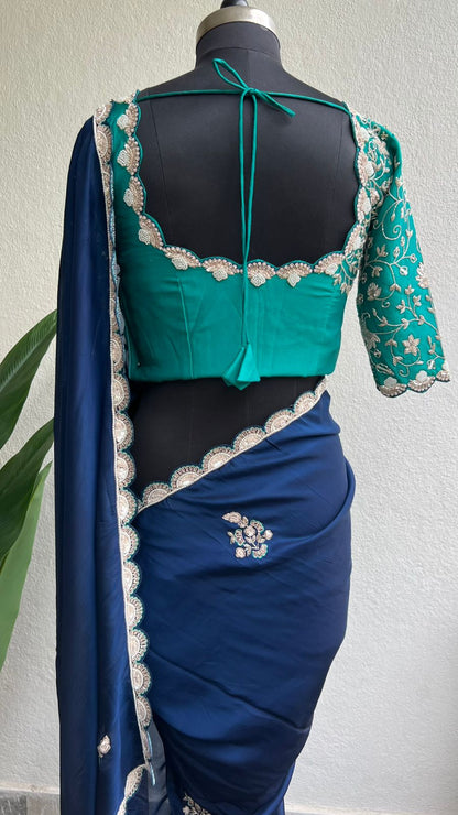 Hand made midnight blue saree with blue blouse