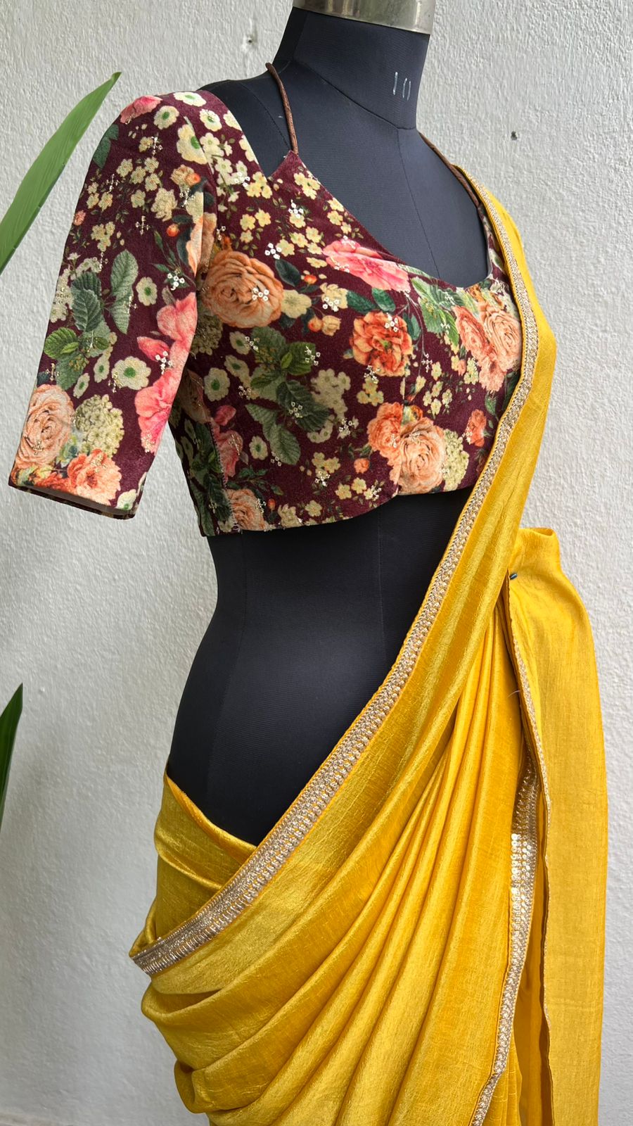 Yellow marble saree with floral velvet blouse