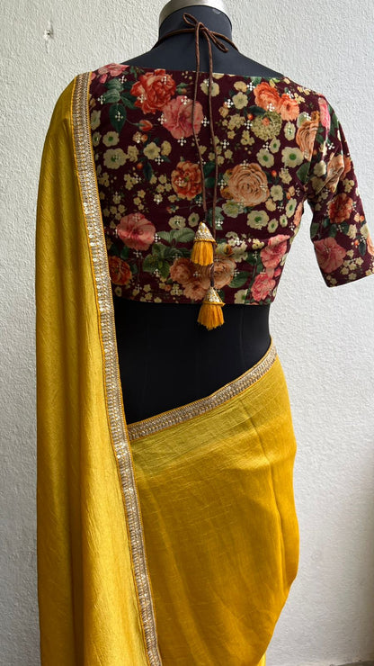 Yellow marble saree with floral velvet blouse