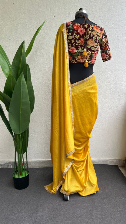 Yellow marble saree with floral velvet blouse