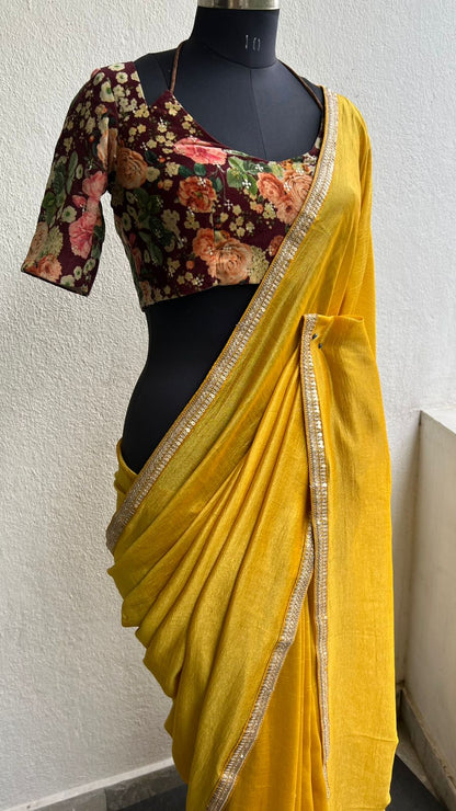 Yellow marble saree with floral velvet blouse