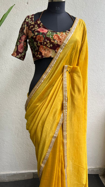 Yellow marble saree with floral velvet blouse