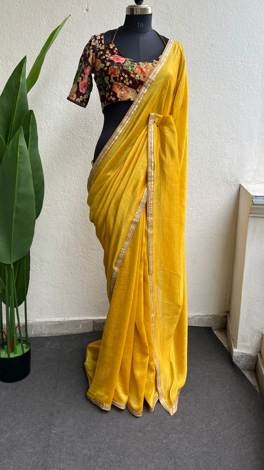 Yellow marble saree with floral velvet blouse