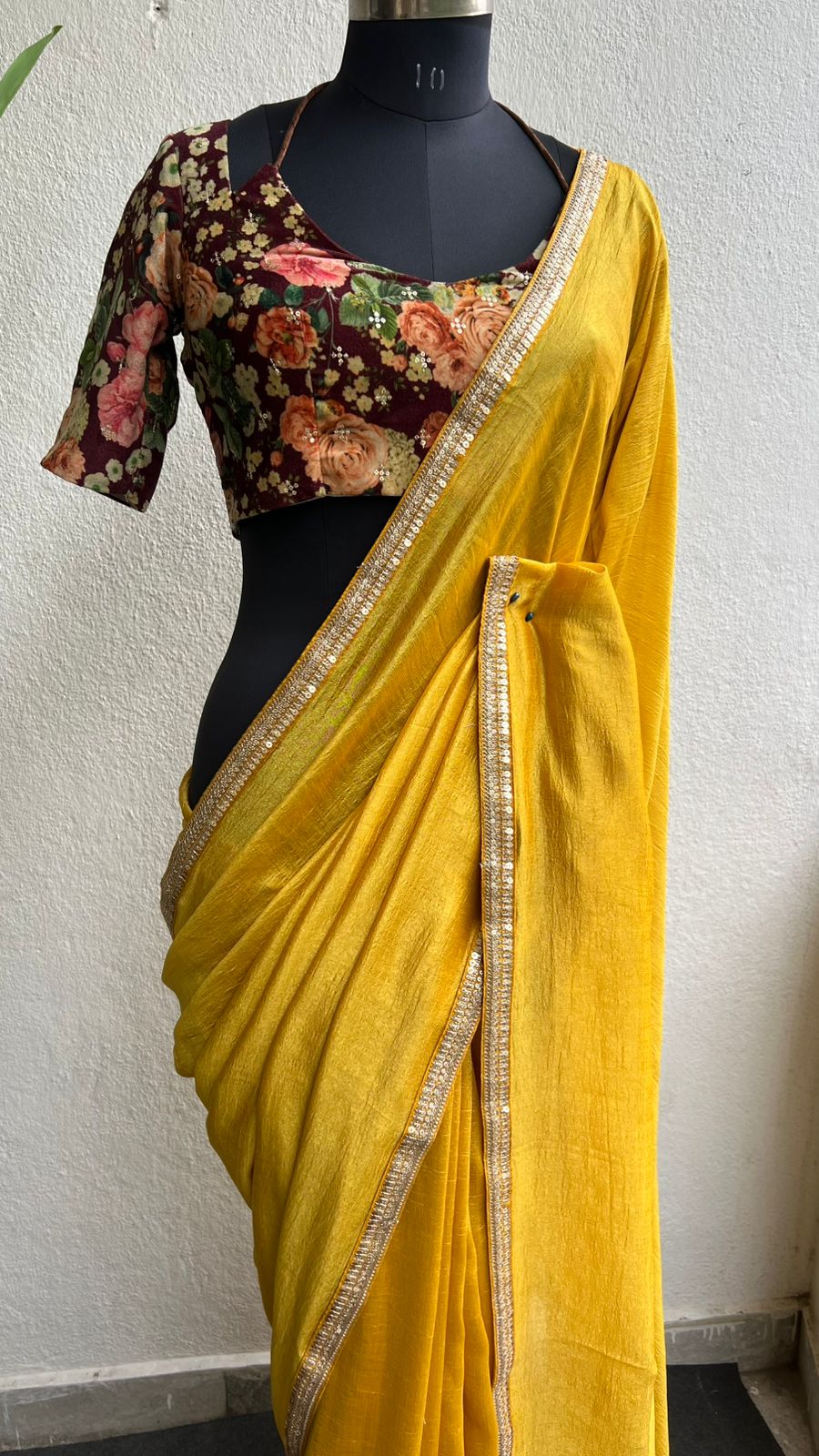 Yellow marble saree with floral velvet blouse