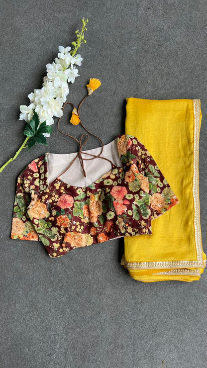 Yellow marble saree with floral velvet blouse