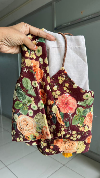 Yellow marble saree with floral velvet blouse