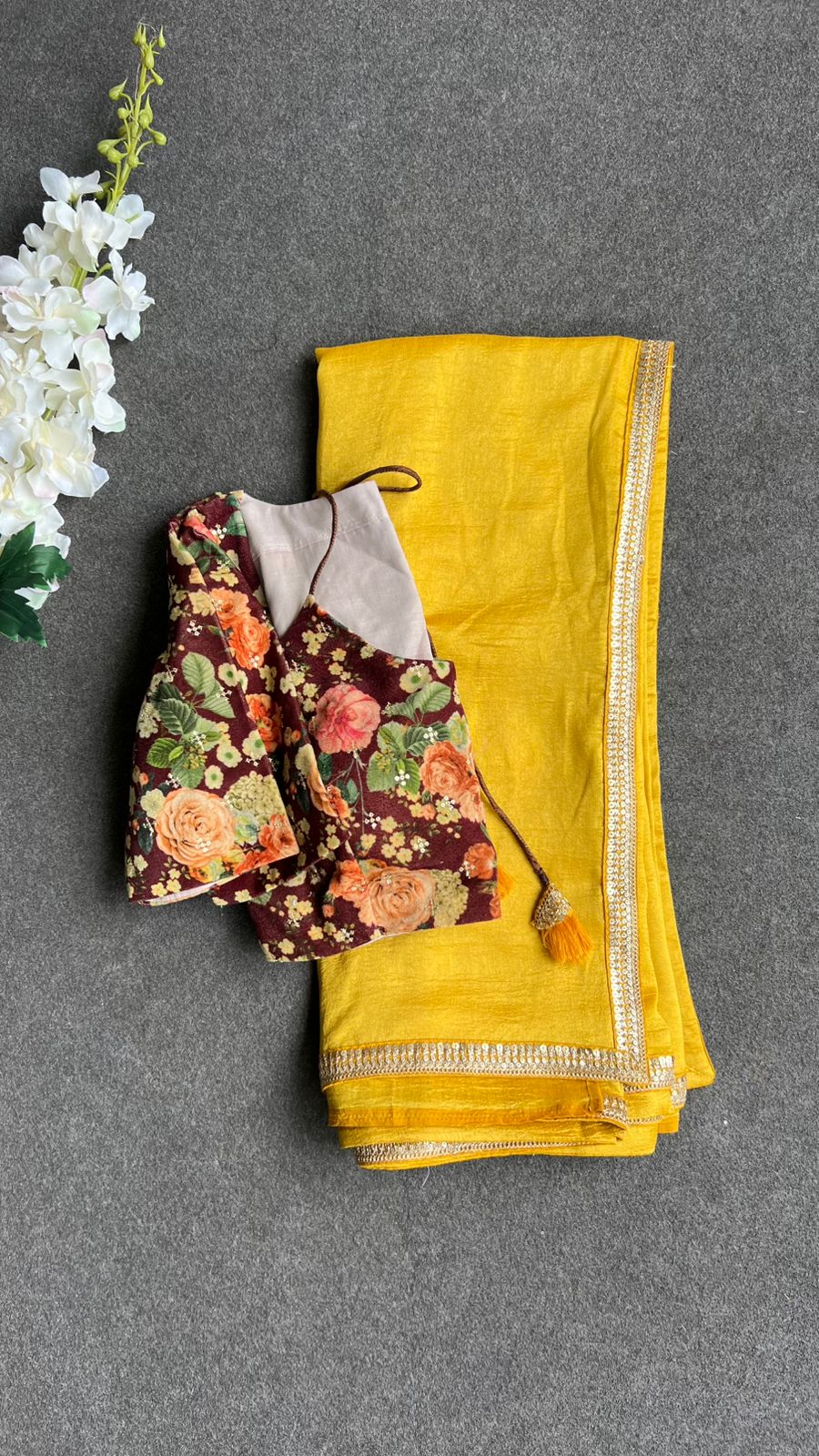 Yellow marble saree with floral velvet blouse