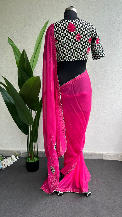 Pink soft organza saree with hand work blouse