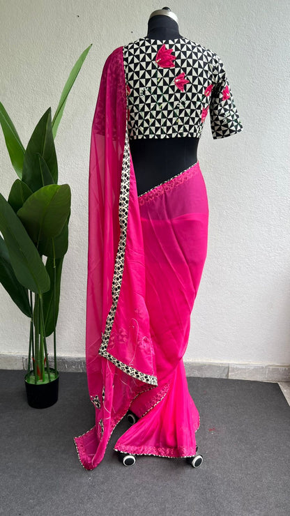 Pink soft organza saree with hand work blouse