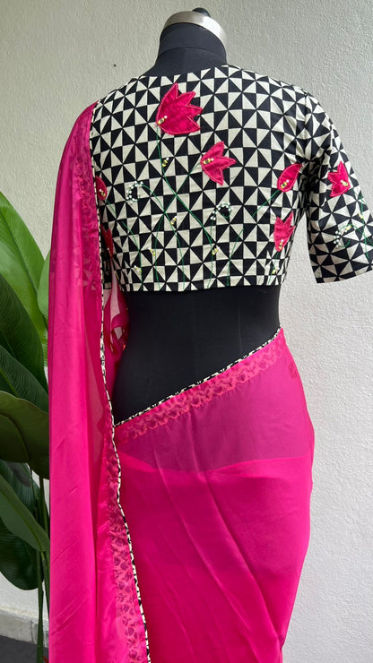 Pink soft organza saree with hand work blouse