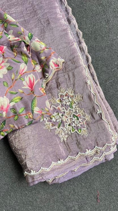 Lavender tissue saree with floral hand work blouse