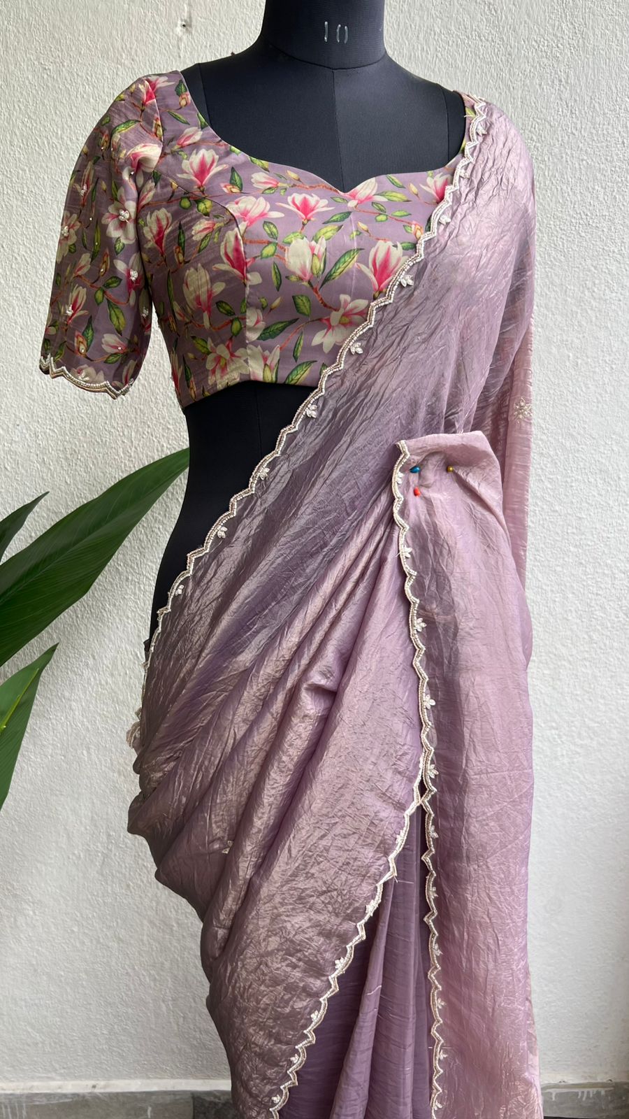 Lavender tissue saree with floral hand work blouse