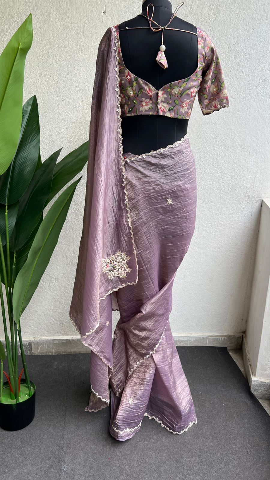 Lavender tissue saree with floral hand work blouse