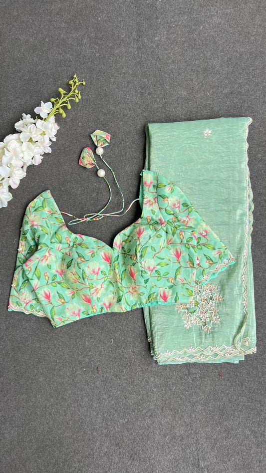 Pista green tissue saree with floral hand work blouse